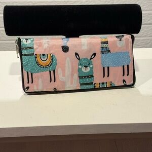 Llama Print zip up that turns into a reusable bag. Pink and Green